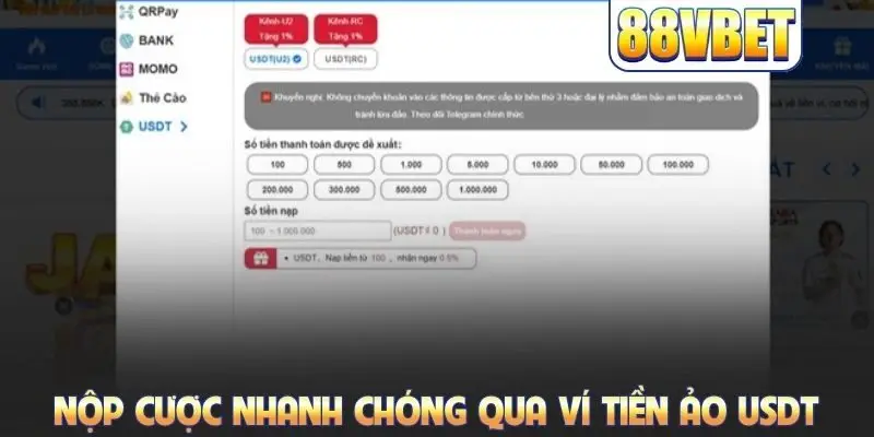 Nộp cược nhanh chóng qua ví tiền ảo USDT